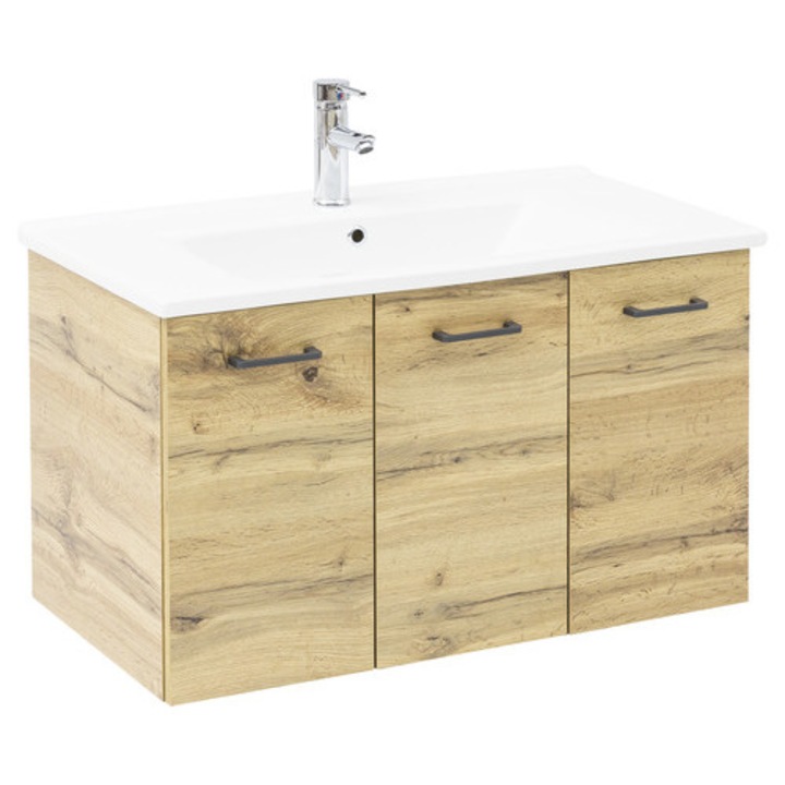 Set Nora 850, Include Baza Lavoar Suspendat si Lavoar, 85 cm, Stejar