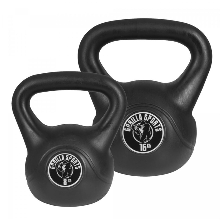 Set 2 x Kettlebell umplut cu ciment, 24 KG - 8 KG, 16 KG, Gorilla Sports