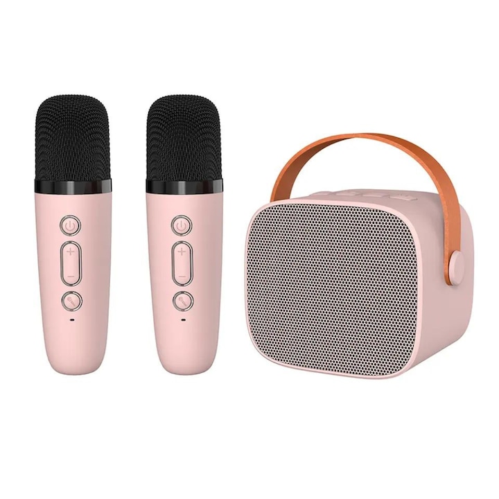 Boxa bluetooth portabila cu doua microfoane wireless, statie karaoke, sunet stereo 3D, se conecteaza la telefon, laptop, tv, potrivit pentru petrecerile in familie, iesiri in aer liber, baterie durabila, roz