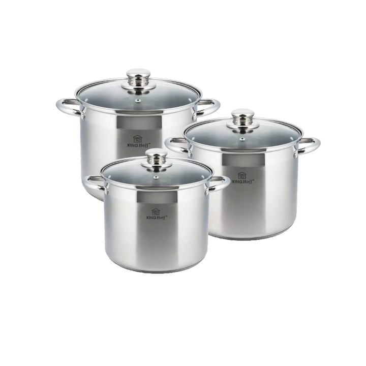 3 db rozsdamentes acél edény készlet, üvegtetővel, 11,1l, 13,5l, 16,2l, KingHoff