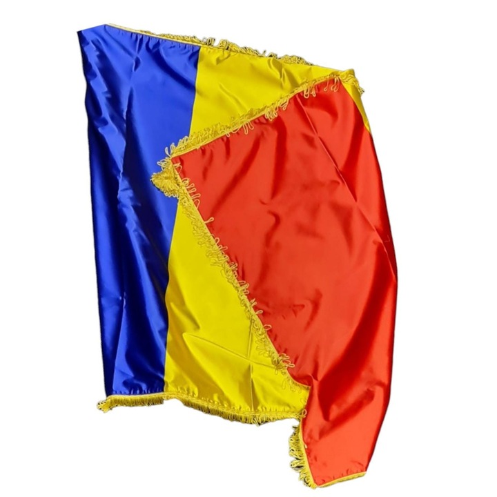 Drapel tricolor Romania, Interior, 135 cm x 90 cm, fata dubla, Satinat cu franjuri, cusut