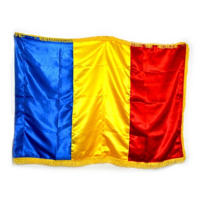 Drapel tricolor Romania, Interior, 210 cm x 140 cm, fata dubla, Satinat cu franjuri, cusut