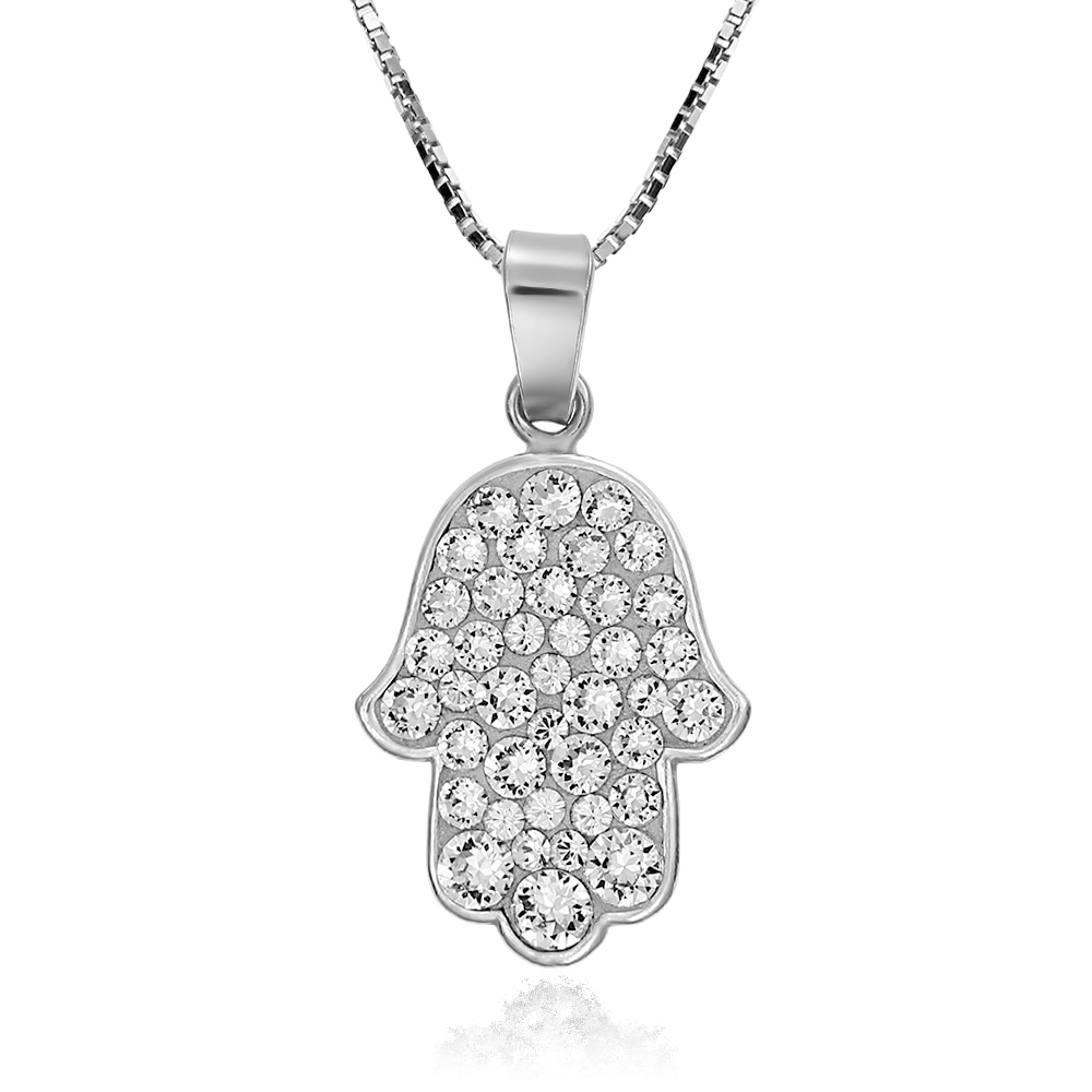 Colier Argint 925 placat cu rodiu cu Cristale Swarovski® Chaton Hamsa 18mm Crystal Clear