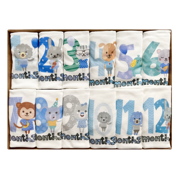 Set 12 Body-uri bebelusi/baieti, BABYLAND Pinky&Pinky model "Little Friends", 100% Bumbac antialergic, 1-12 luni, Alb/Albastru