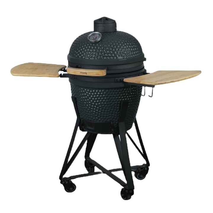 Грил на дървени въглища H.Koenig, Kamado BBQ 21", повърхност за готвене 47 см, вграден термометър, сгъваеми бамбукови странични маси, керамичен корпус, отвори за всмукване и изпускане на въздух, скара от неръждаема стомана, зелен