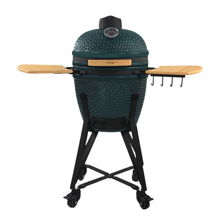 Gratar cu carbuni H.Koenig, Japanese Kamado BBQ 18", suprafata de gatit 39 cm, afumare, coacere, slow cooking, termometru incorporat, mese laterale pliabile din bambus, corp din ceramica, fante admisie si evacuare aer, gratar din inox, verde