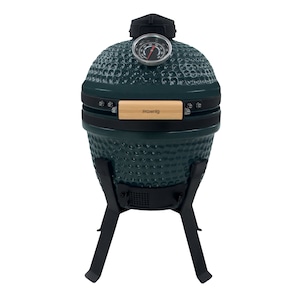 Gratar cu carbuni H.Koenig, Japanese Kamado BBQ 13", suprafata de gatit 26 cm, afumare, coacere, slow cooking, termometru incorporat, maner din bambus, corp din ceramica, fante admisie si evacuare aer, gratar din inox, verde