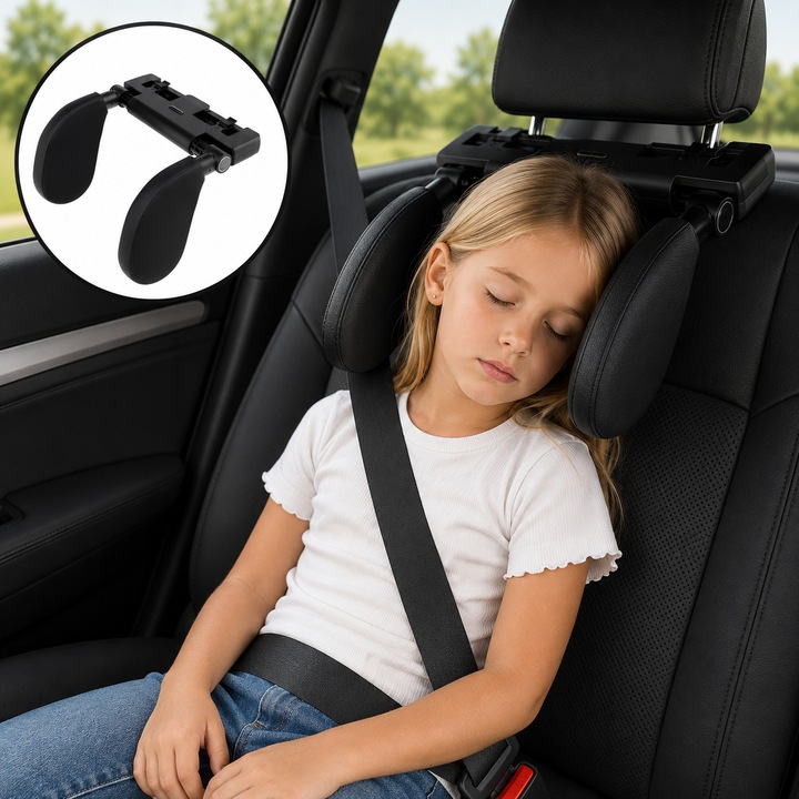 Tetiera Auto ZEQAS, Piele Ecologica, Protectie Gat, Cap si Coloana Cervicala, Spuma cu Memorie, Reglabil, Suport Telefon/Tableta, Carlig Agatat Geanta, Confort pentru Copii si Adulti, Design Elegant, Negru