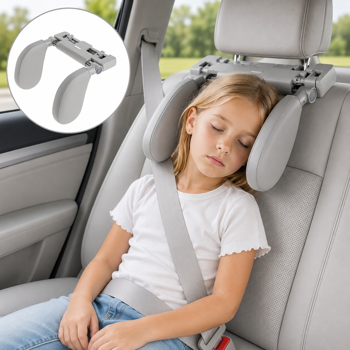 Tetiera Auto ZEQAS, Piele Ecologica, Protectie Gat, Cap si Coloana Cervicala, Spuma cu Memorie, Reglabil, Suport Telefon/Tableta, Carlig Agatat Geanta, Confort pentru Copii si Adulti, Design Elegant, Argintiu