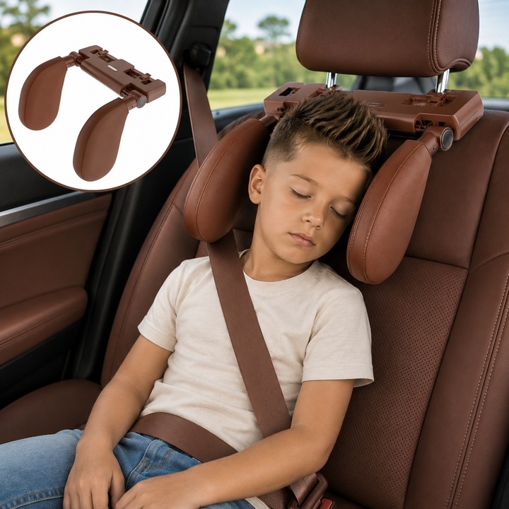 Tetiera Auto ZEQAS, Piele Ecologica, Protectie Gat, Cap si Coloana Cervicala, Spuma cu Memorie, Reglabil, Suport Telefon/Tableta, Carlig Agatat Geanta, Confort pentru Copii si Adulti, Design Elegant, Maro
