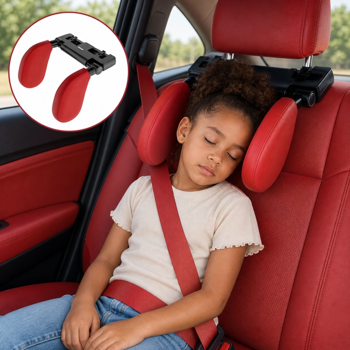 Tetiera Auto ZEQAS, Piele Ecologica, Protectie Gat, Cap si Coloana Cervicala, Spuma cu Memorie, Reglabil, Suport Telefon/Tableta, Carlig Agatat Geanta, Confort pentru Copii si Adulti, Design Elegant, Rosu