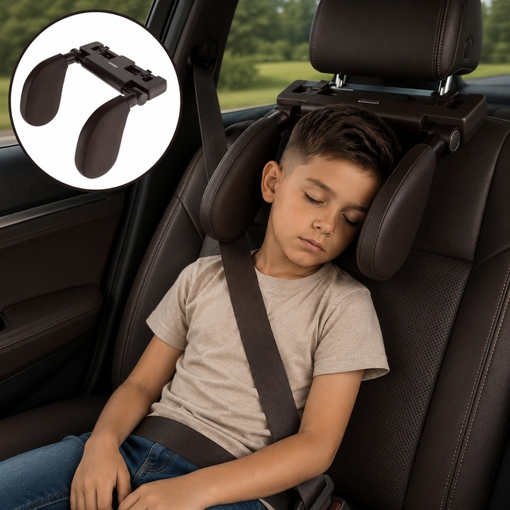 Tetiera Auto ZEQAS, Piele Ecologica, Protectie Gat, Cap si Coloana Cervicala, Spuma cu Memorie, Reglabil, Suport Telefon/Tableta, Carlig Agatat Geanta, Confort pentru Copii si Adulti, Design Elegant, Maro Inchis