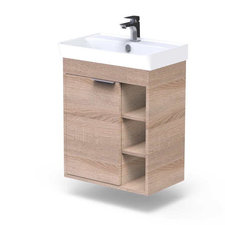 Masca lavoar Goodmob, fara Lavoar, Nauru 60, suspendata, cu 1 usa si 2 polite, Stejar, Aquastop 2, 58x68cm