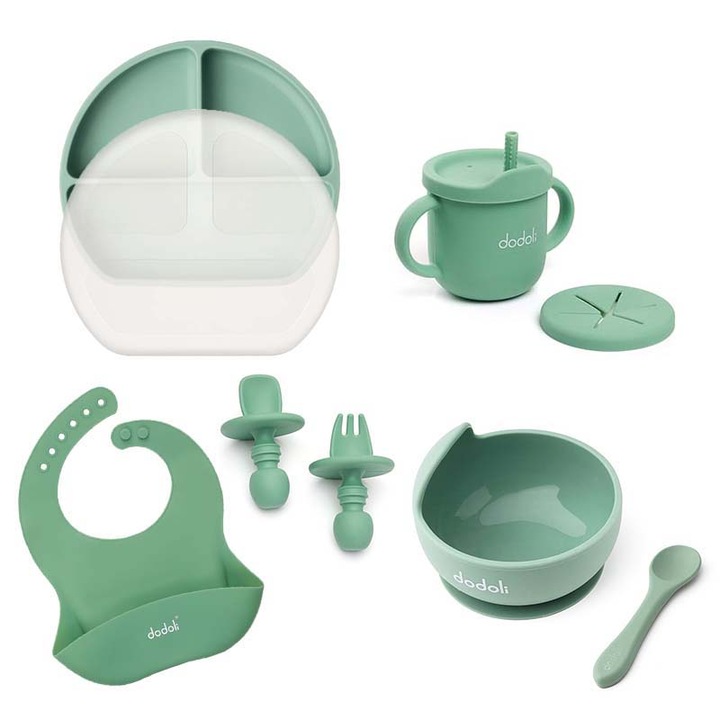 Комплект за хранене на бебета Dodoli, силикон, зелен