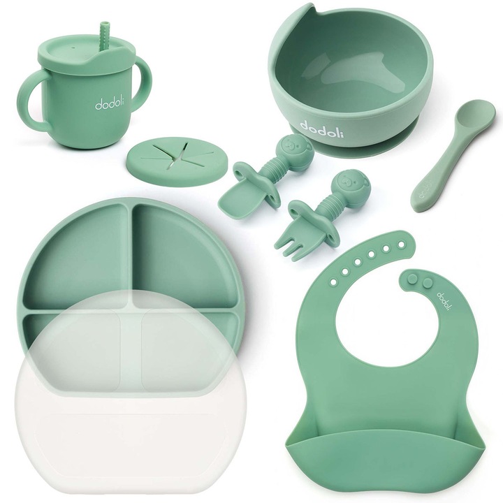 Set Dodoli cu 8 piese pentru diversificare bebelusi si hranire copii mici, silicon alimentar, Cyan