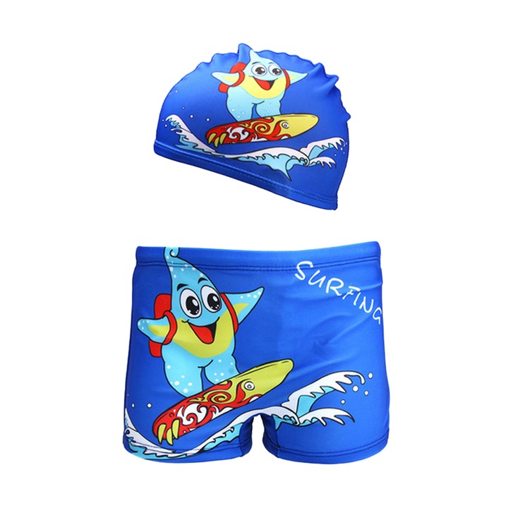 Set pantaloni de baie pentru baieti cu casca asortata, tematica petrecere de vara, model lumea acvatica, EFAYN, Albastru