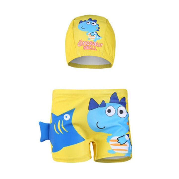 Set pantaloni de baie pentru baieti cu casca asortata, tematica lumea animalelor vesele, model party animals, EFAYN, Galben