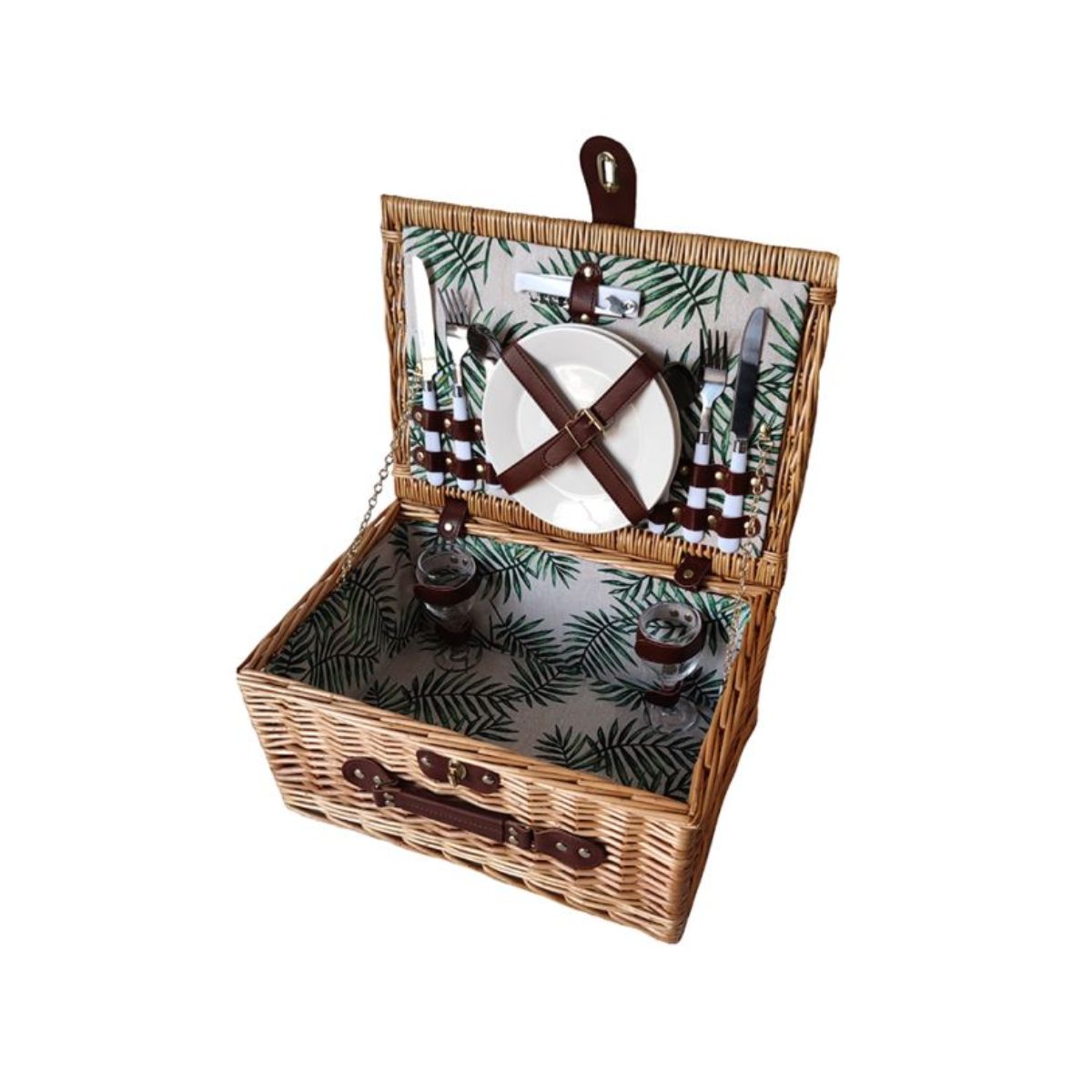 Cos de picnic maro/verde 2 persoane, rachita salcie, echipat, 40x28x20