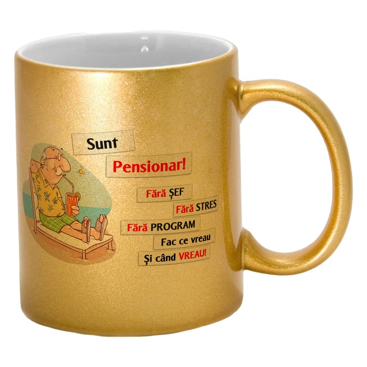 Cana sidefata aurie personalizata cu mesaj Sunt Pensionar, 330 ml, Pop Radu Daniel II