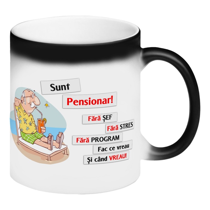 Cana termosensibila neagra personalizata cu mesaj Sunt Pensionar, 330 ml, Pop Radu Daniel II