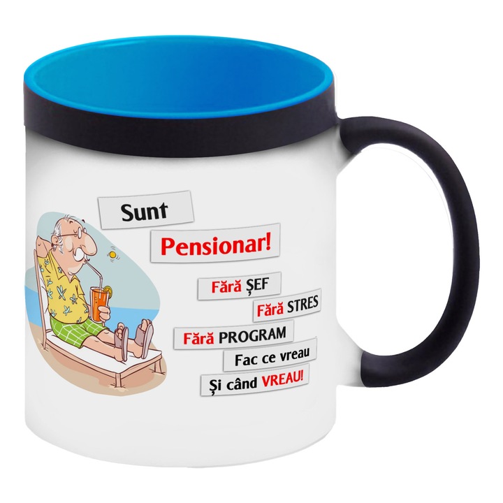 Cana termosensibila neagra cu interior albastru personalizata cu mesaj Sunt Pensionar, 330 ml, Pop Radu Daniel II