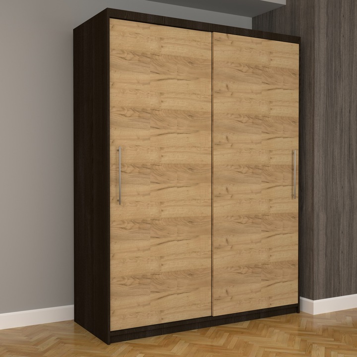 Dulap Dormitor Stefan Eco 150 cm x 200 cm x 61 cm, fara oglinda, wenge cu usi glisante oak craft gold