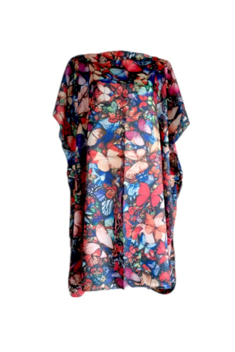 Плажна рокля-туника, принт, вдъхновен от природните пеперуди, коприна, синьо/червено