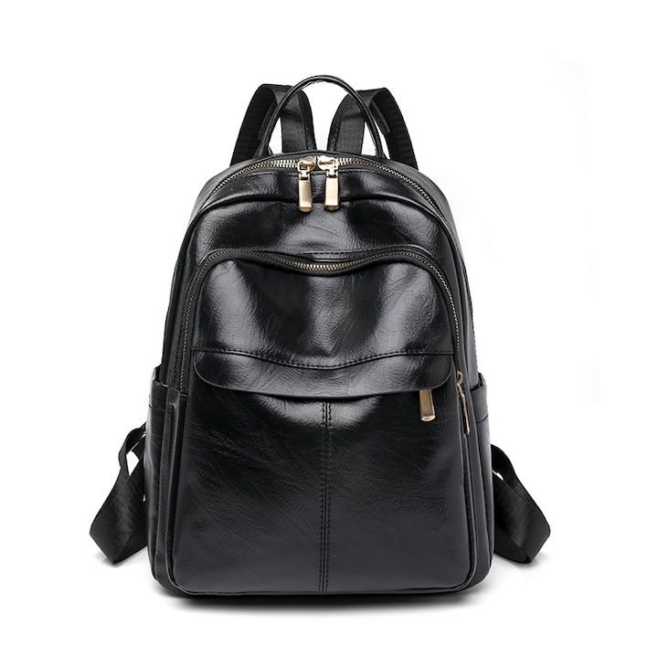 Rucsac dama, Piele, WatchMe, 33x25x13 cm, Negru