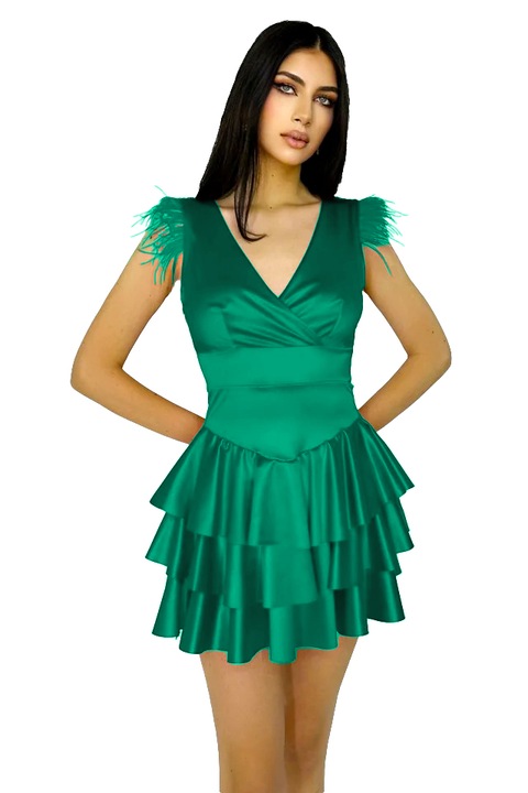 Rochie satinata Anisia, cu volane, detaliu din pene si decolteu adanc, Verde brad, Marime universala S/M