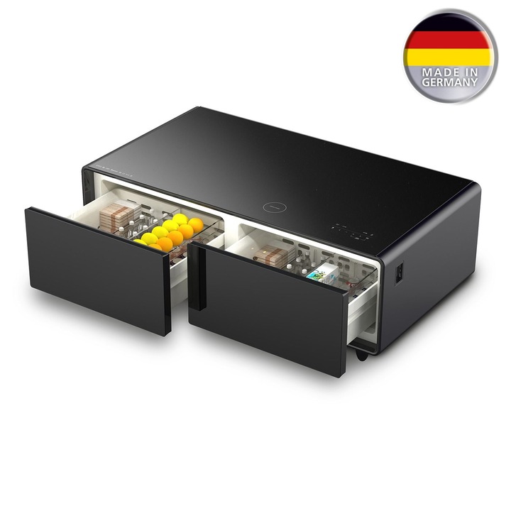 Vitrina frigorifica tip masa Lounge 3 in 1 Caso Germany, Sound & Cool, cu racitor incorporat si speakere, volum 135 l, 2 zone temperatura 3-12C, depozitare vin, racoritoare, alimente, iluminare ambientala, incarcare wireless telefon, bluetooth, negru