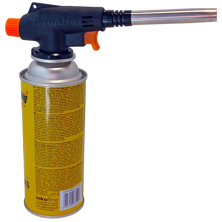 Глава за горелка Totokita®, Със защитна система, Автоматично запалване, Регулируема, Включена газова бутилка 400 мл