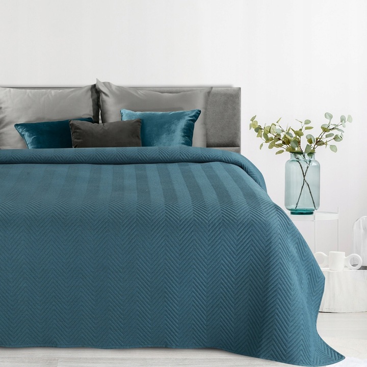Cuvertura de Pat decorativa, Eurofirany, LEN, 220x240, albastru cu spini de heringi