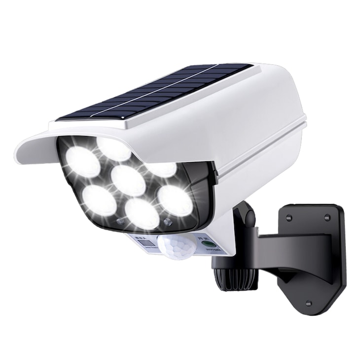 Lampa Solara Tip Camera Falsa cu Panou Solar Incorporat 77 LED 7 SMD, Telecomanda, cu Senzori de Amurg, Miscare si Lumina, Rezistenta la Apa IP65, 3 Moduri Functionare, Alb