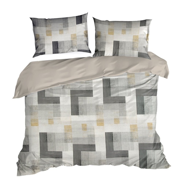 Lenjerie de pat din bumbac, Eurofirany, LEA, 200x220, Design91, gri alb bej dreptunghiuri geometrice