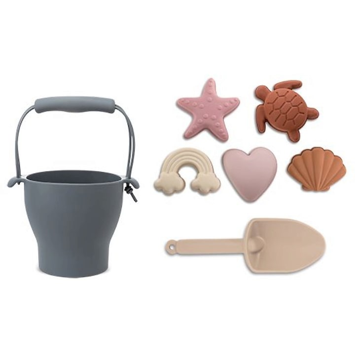 Комплект силиконови играчки Oldpard, BPA Free, за игра с вода и пясък, с кофа, капак, лопата за плаж и 5 форми пясък, пастелен многоцветен, 13x13 cm