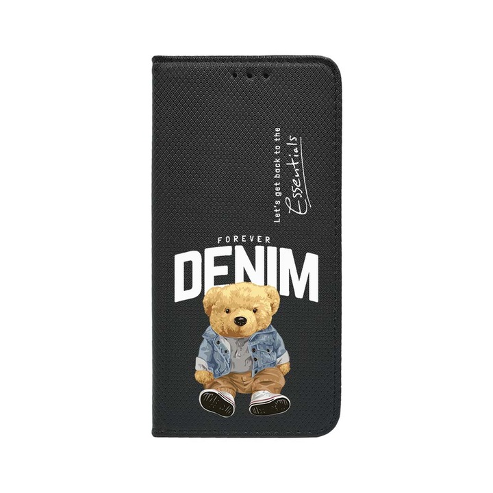 Oldalra nyíló tok, Realme 11, Denim Style Teddy Bear, szilikon belső, kártyatartó, állvány funkció, FLB 930