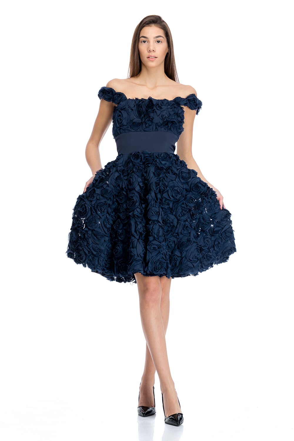 Rochie Sara lucrata exclusiv manual Gloria Betty, Albastru inchis