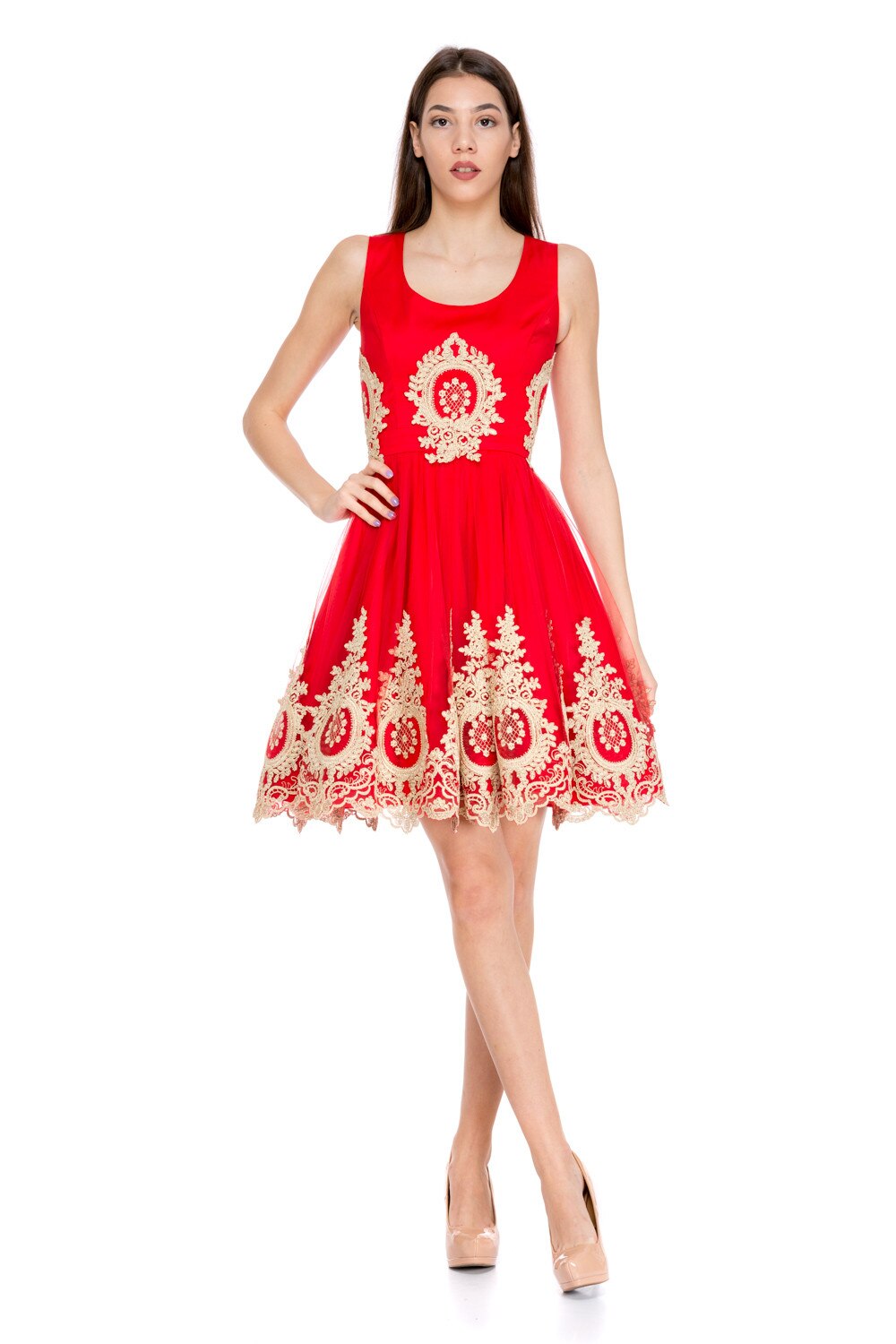 Rochie Stephanie lucrata exclusiv manual Gloria Betty, Rosu aprins