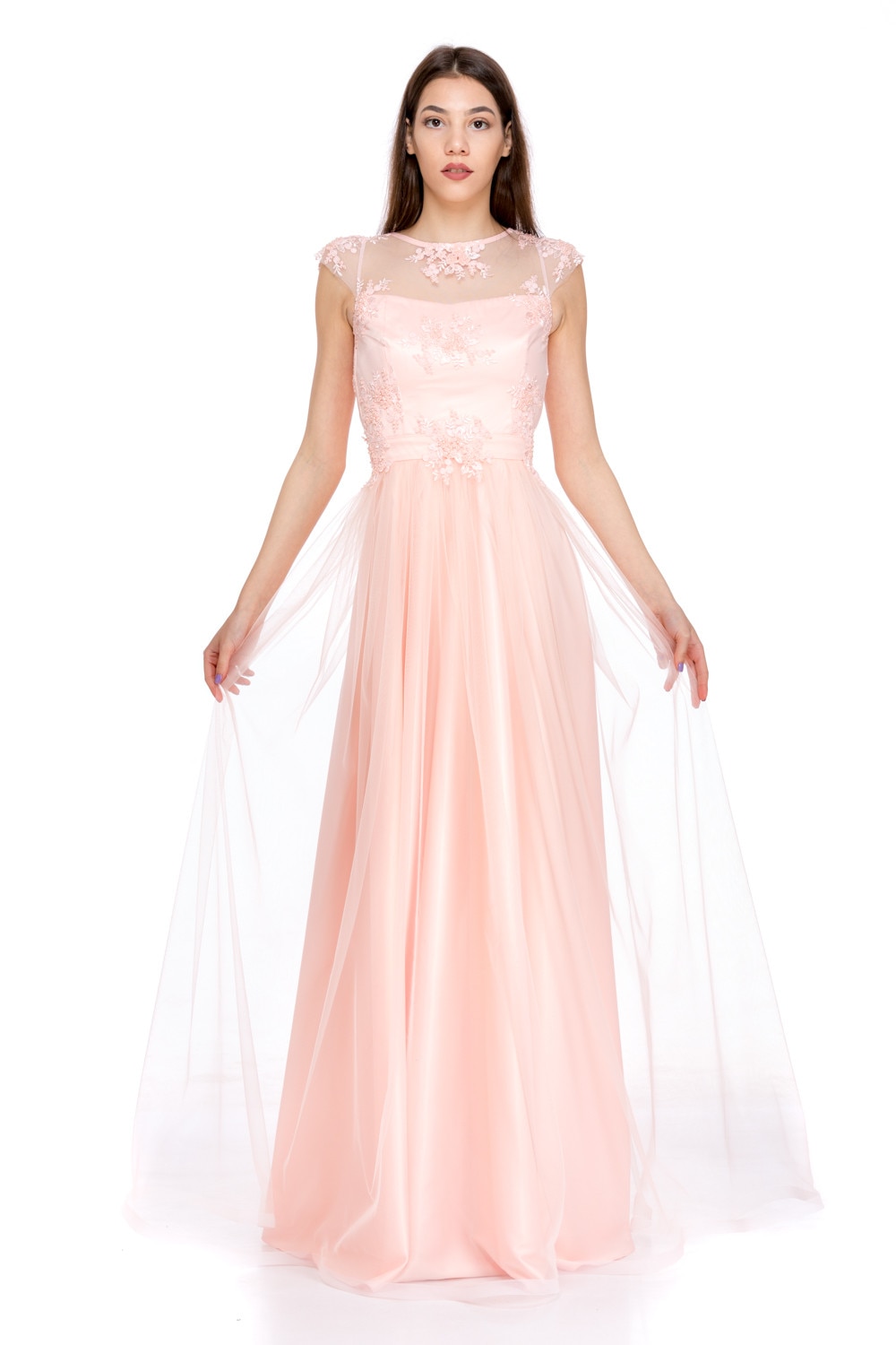 Rochie Rosaile lucrata exclusiv manual Gloria Betty, Roz pastel, XS