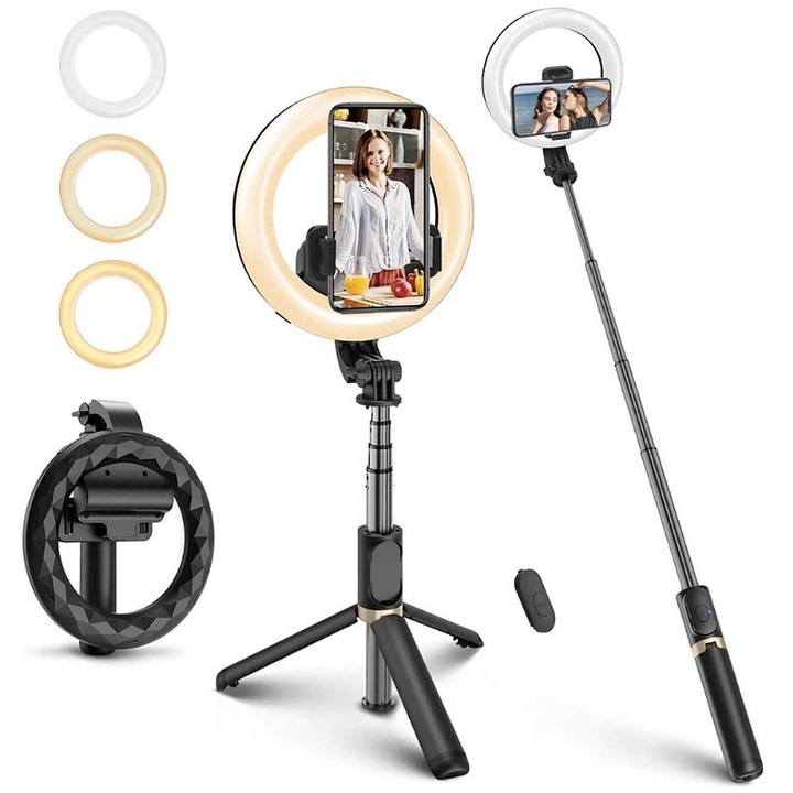 Selfie Stick, Trepied foto pentru telefon, Ring LED Light, Bluetooth Remote, 3 moduri luminoase, Rotire 360, Pliabil si usor de transportat, Ajustabil, Usor de folosit, Negru
