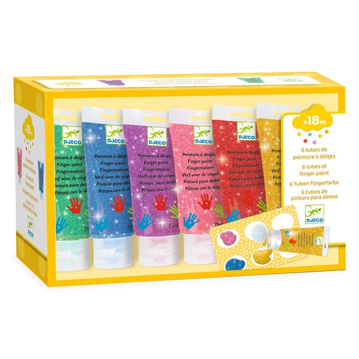 Set 6 vopsele cu sclipici si paleta de amestecat culori, Djeco, 75ml, 18 luni+, Multicolor