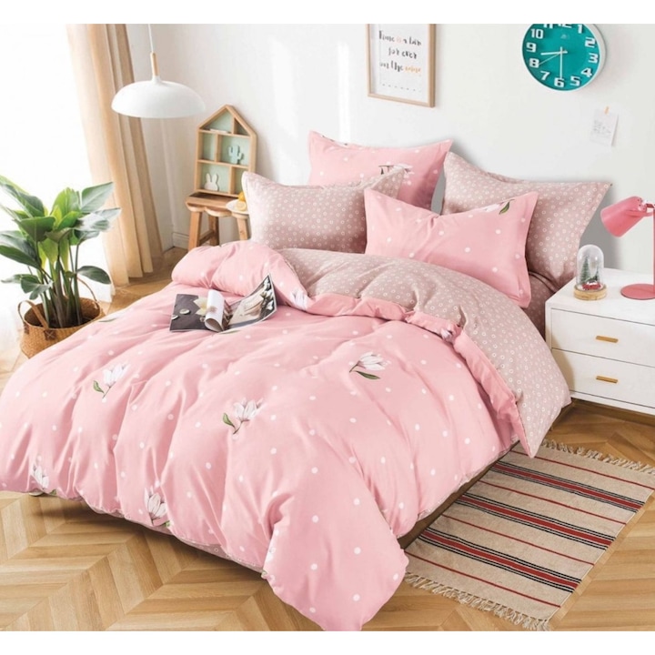 Комплект спално бельо с ластик, Finet, Casa Pucioasa, 4 части, за двойно легло, 2 калъфки за възглавници, розов