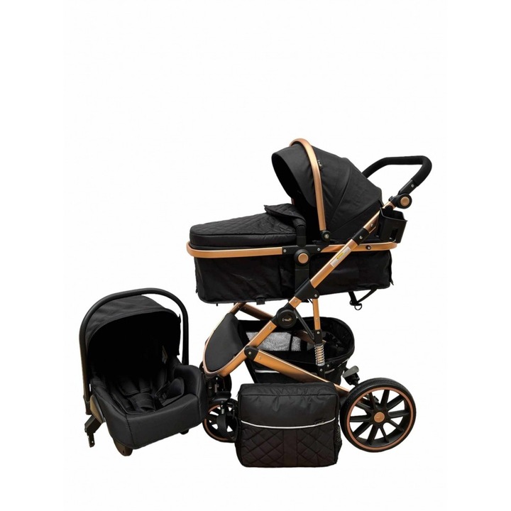 Carucior 3 in 1, dubla suspensie, matlasat, Bubu-Still®, 0-36 luni, Negru