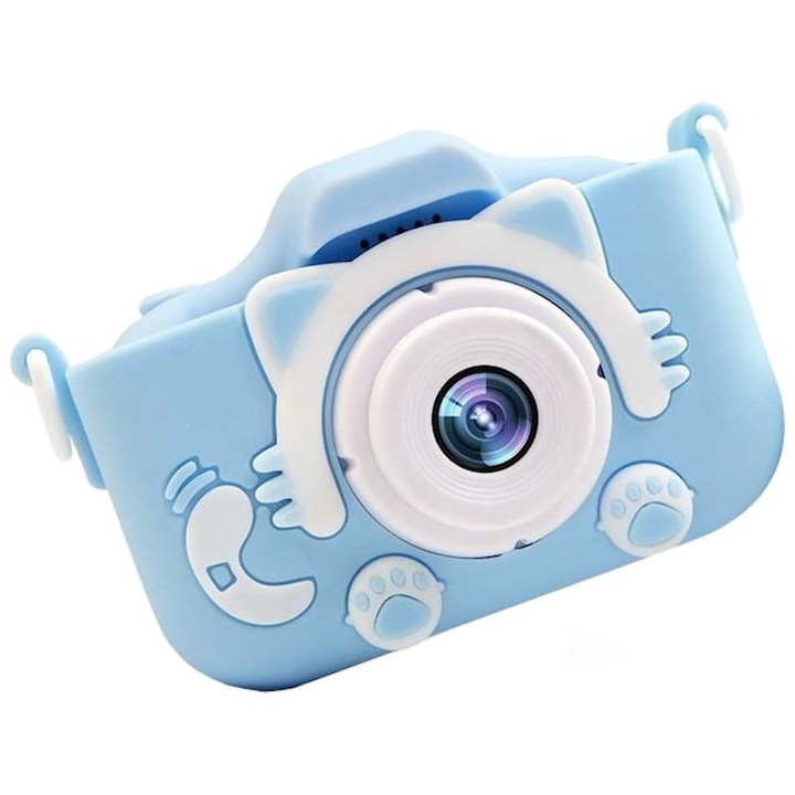 Fluffy Gyermek fényképező, Bolyhos, 20 Mpx, Full HD 1080P, Macska modell, 2 hüvelykes képernyő, Fotó/Videó funkció, Játékokkal, Kék
