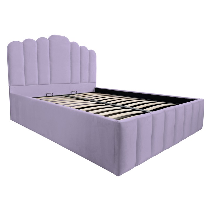 Pat tapitat Flow, cu spatiu de depozitare si somiera rabatabila, mov pastel, F15, 160x200 cm