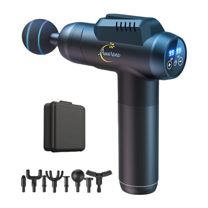 Pistol masaj profesional, Smart, Amurana, Touch control LCD, 99/6 trepte viteza, Autonomie 3h, 9800 rpm, Motor silentios fara perii 45db, Sistem de racire, Acumulator 1800mAh, 8 capete, Tonifiere, Relaxare musculara, Geanta depozitare, Gri