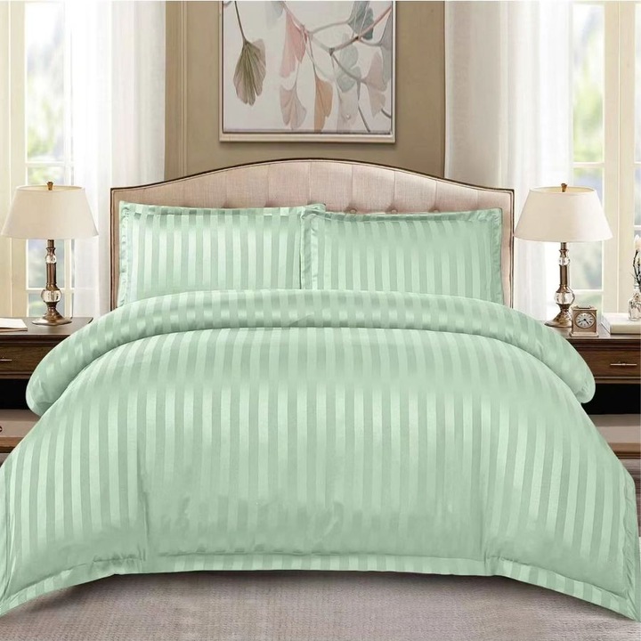Lenjerie de pat PRIMAVARA DELUXE 100% bumbac, dunga damasc 1 cm, pentru pat de 2 persoane, 4 piese cearceaf de pat cu elastic 180 x 200 cm verde fosforescent