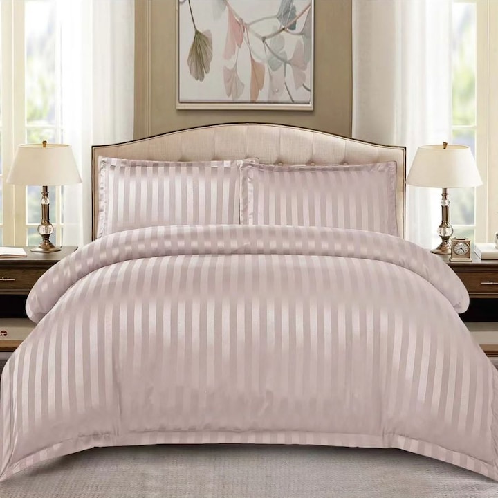 Lenjerie de pat PRIMAVARA DELUXE 100% bumbac, dunga damasc 1 cm, pentru pat de 2 persoane, 4 piese cearceaf de pat cu elastic 180 x 200 cm cafea cu lapte