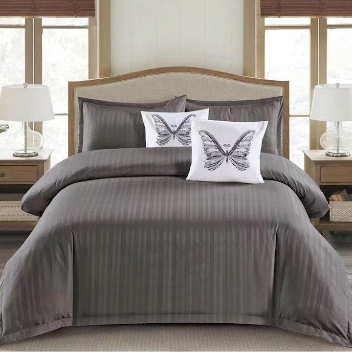 Lenjerie de pat N&H HomeCollection 100% bumbac, dunga damasc 1 cm, pentru pat de 2 persoane, 6 piese cearceaf de pat cu elastic 180 x 200 cm gri inchis