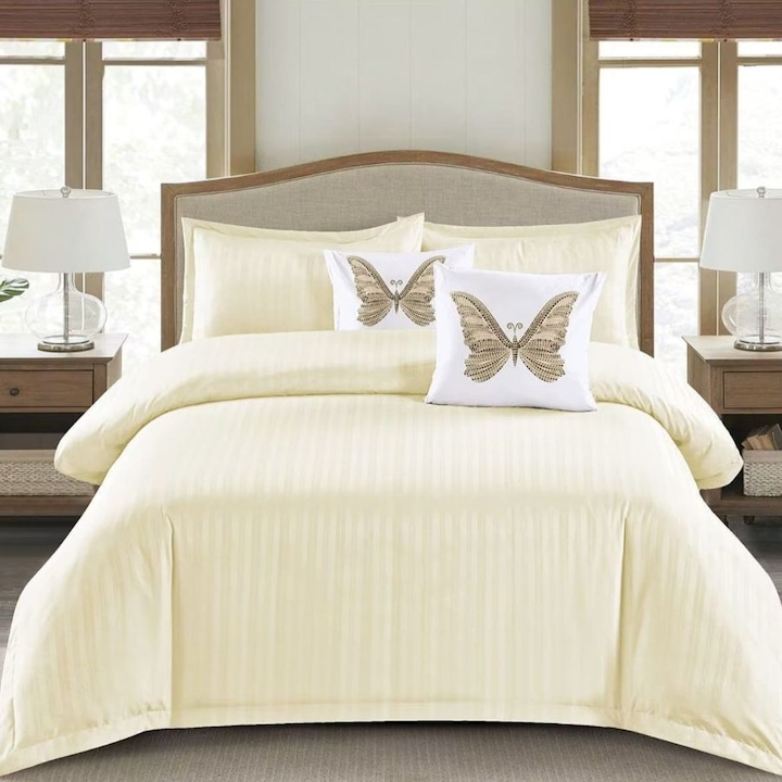 Lenjerie de pat PRIMAVARA DELUXE 100% bumbac, dunga damasc 1 cm, pentru pat de 2 persoane, 6 piese cearceaf de pat cu elastic 180 x 200 cm bej